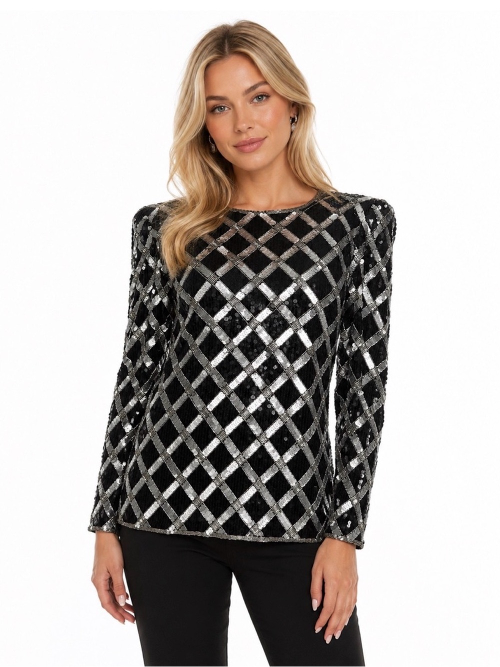 Vintage Talbots Joan Leslie Black Silver Sequin Lined Blouse Size Small